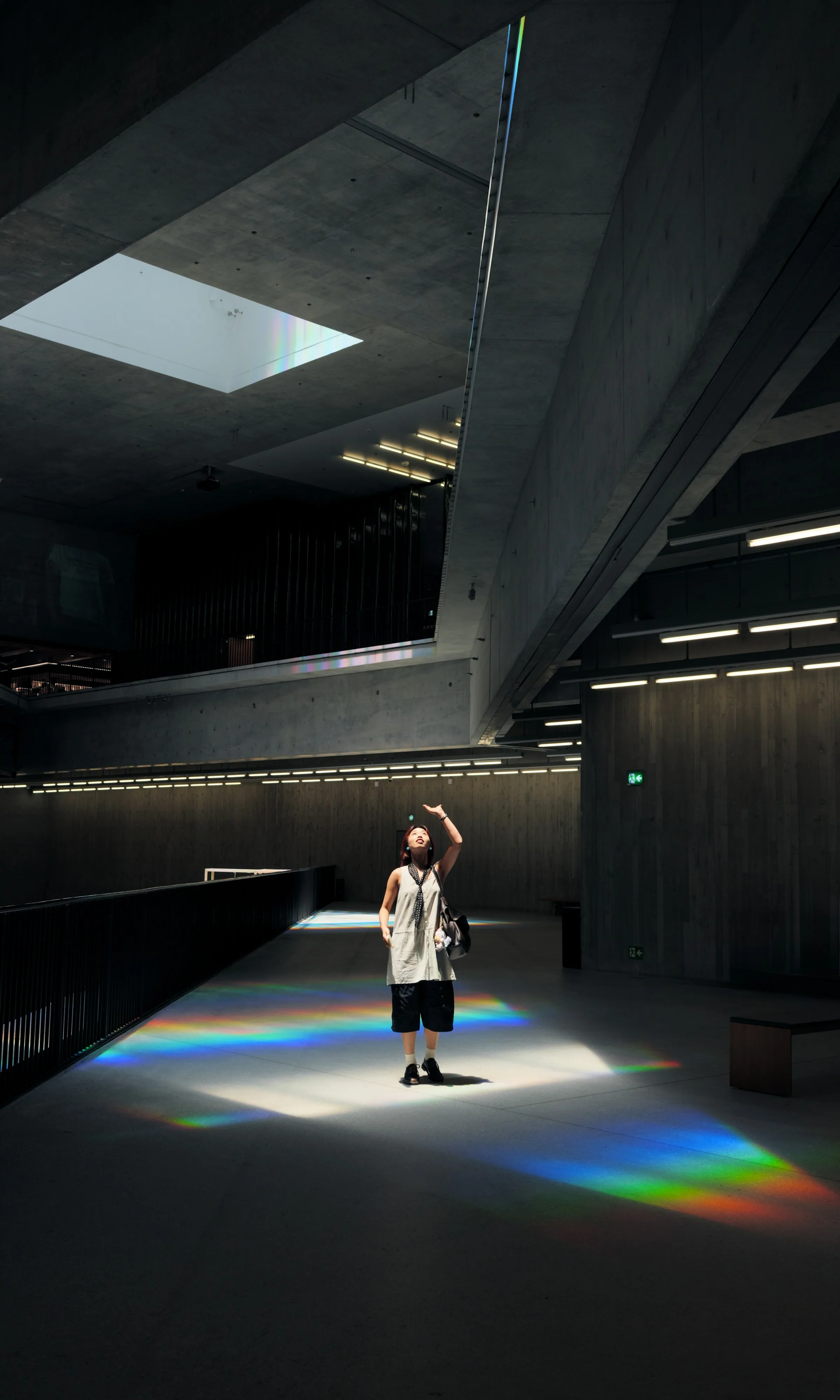 A single figure standing in a band of refracted rainbow light inside a concrete interior