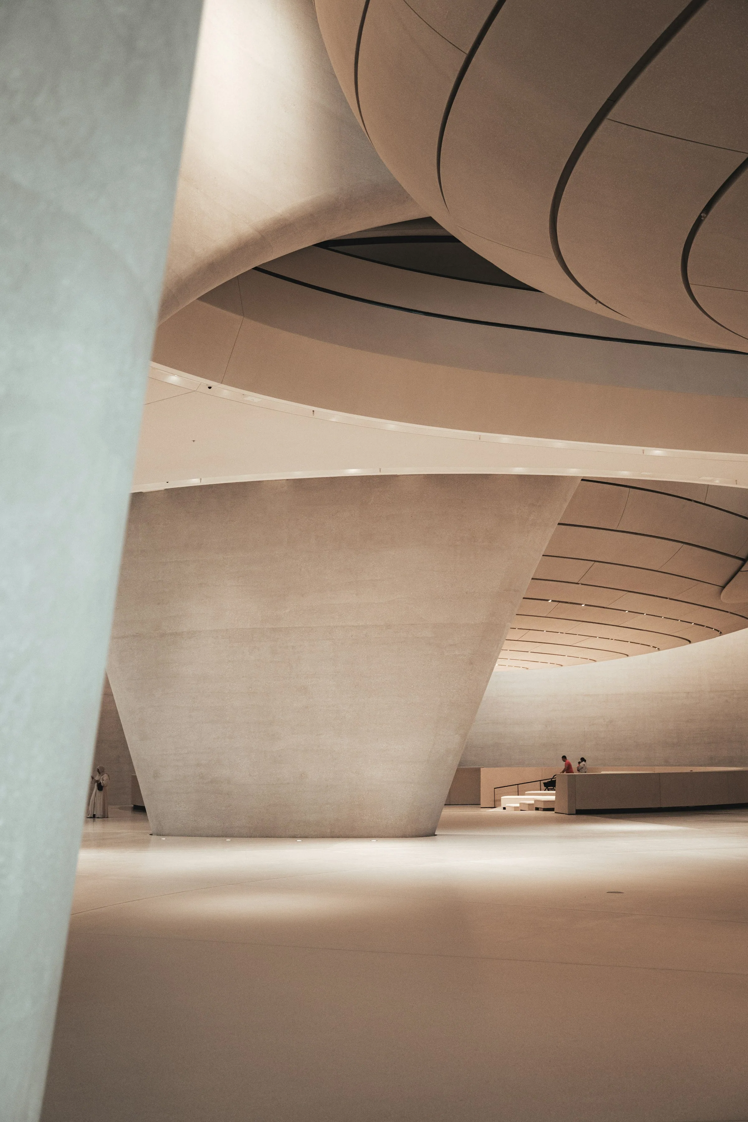 Smooth curved concrete surfaces meeting in an interior lit by indirect daylight